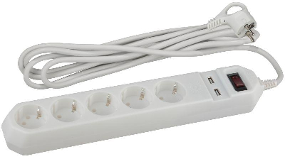 Удлинитель с сетевым фильтром 5х1.5м USF-5es-1.5m-USB-W с заземл с выкл. ПВС 3х0.75 5гн+2USB бел. ЭРА Б0019037